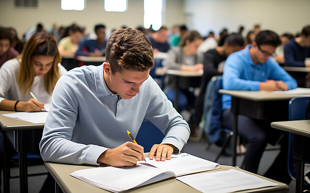 Studierende sitzen in einem großen Raum und schreiben eine Klausur. 